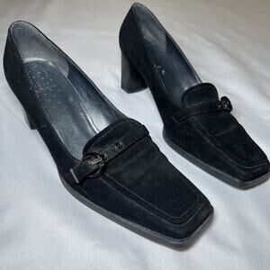 Vtg Stuart Weitzman Black Suede Block Heel Loafers Buckle Women's Size 8 Spain